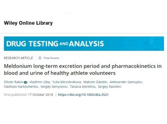 Научная статья «Период выведения мельдония у здоровых спортсменов и долгосрочная фармакокинетике вещества в моче и крови» опубликована в журнале Drug Testing and Analysis (Impact factor: 2.993)
