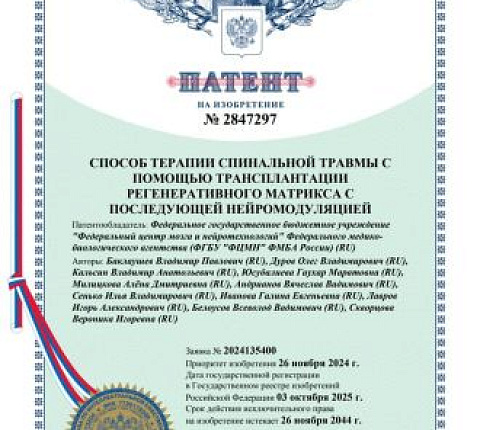 ФМБА России запатентовало высокотехнологичный лекарственный препарат и инновационный метод лечения спинальной травмы